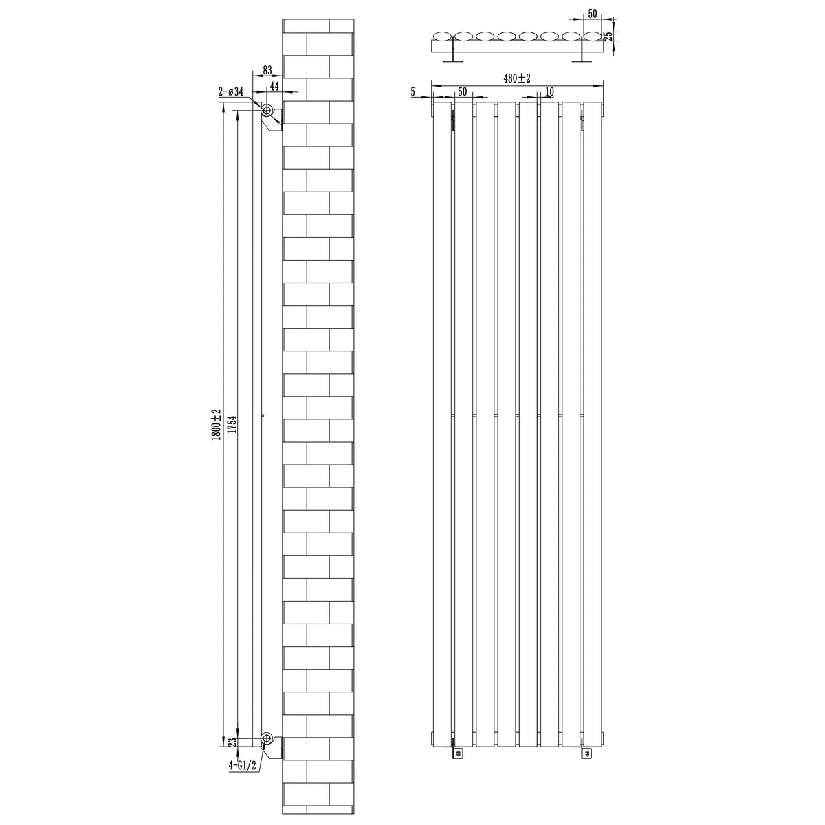 Oval Single Column Radiator & Valves – 1800mm x 480mm – Anthracite Grey