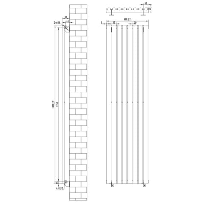 Oval Single Column Radiator & Valves – 1800mm x 480mm – Black