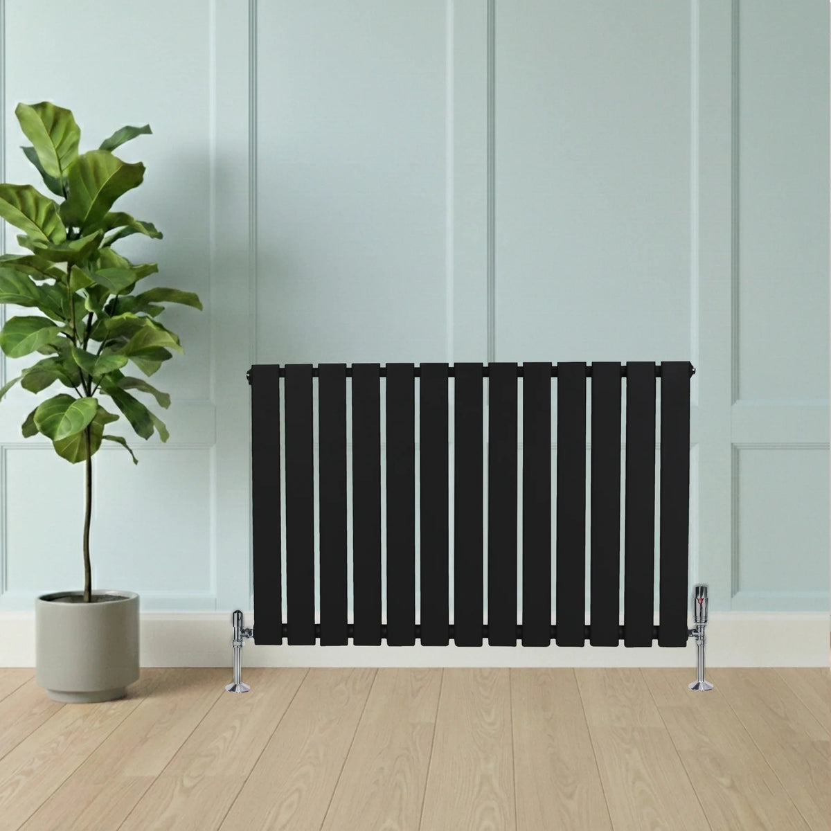 Flat Single Column Radiator & Valves – 600mm x 910mm – Black