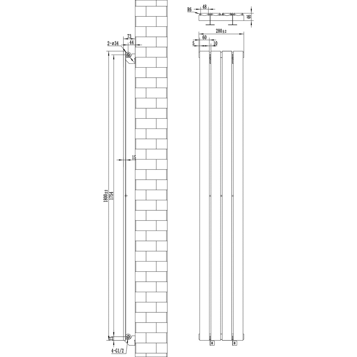 Flat Single Column Radiator & Valves – 1800mm x 280mm – Anthracite Grey