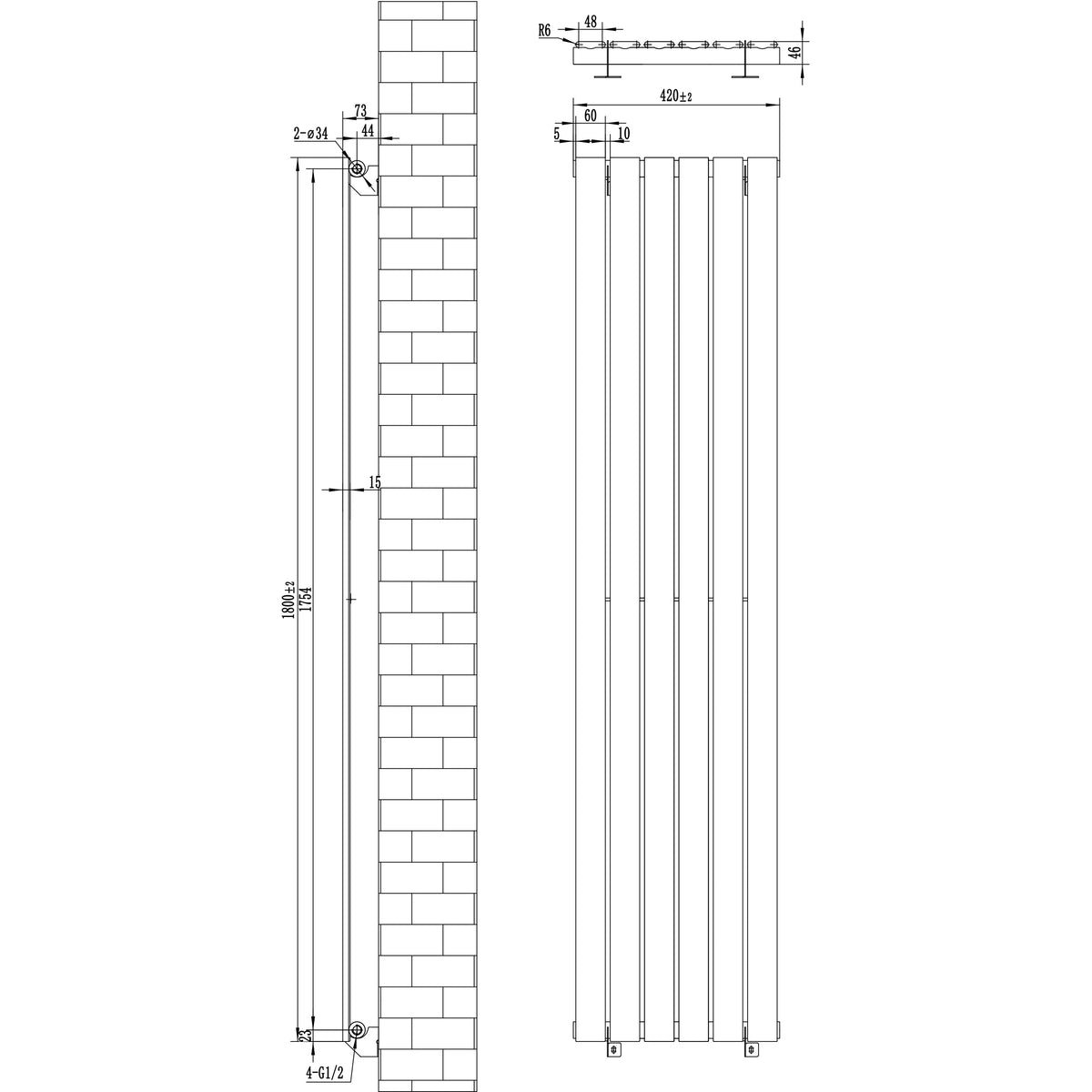 Flat Single Column Radiator & Valves – 1800mm x 420mm – Anthracite Grey