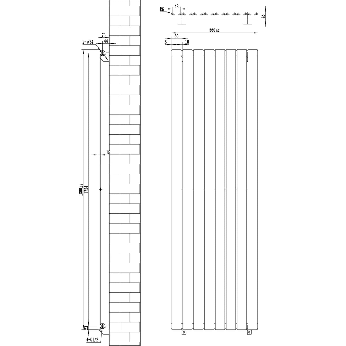 Flat Single Column Radiator & Valves – 1800mm x 560mm – White