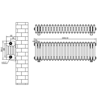 Traditional 4 Column Radiator & Valves - 300 x 1010mm - Black