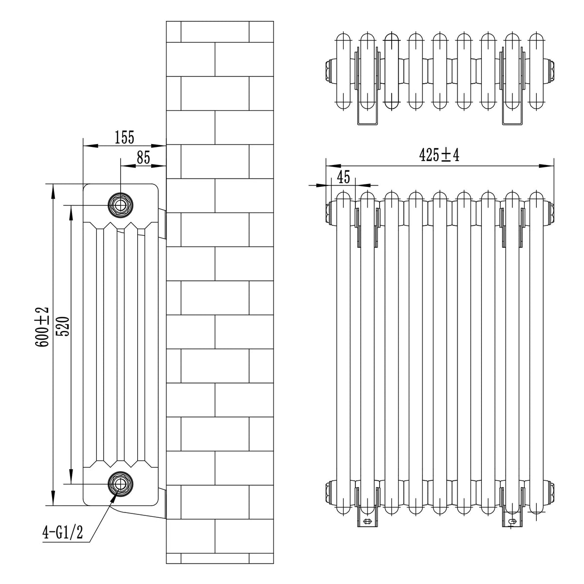 Traditional 4 Column Radiator & Valves - 600 x 425mm - Black