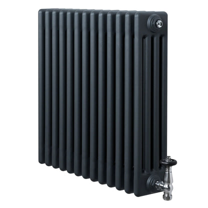 Traditional 4 Column Radiator & Valves - 600 x 605mm - Anthracite Grey