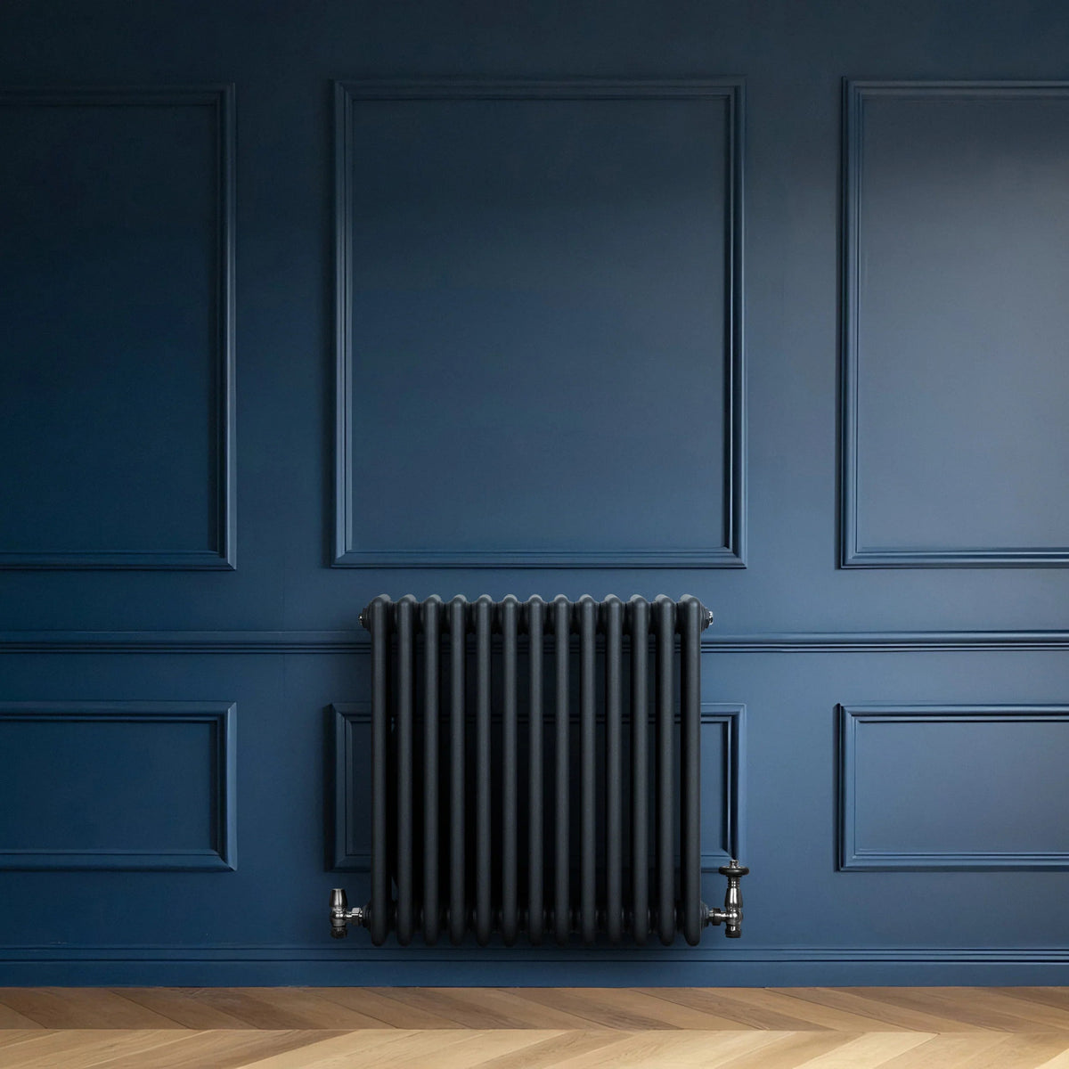 Traditional 4 Column Radiator & Valves - 600 x 605mm - Anthracite Grey