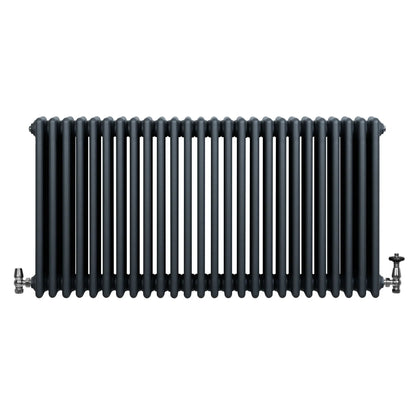 Traditional 4 Column Radiator & Valves - 600 x 1190mm - Anthracite Grey