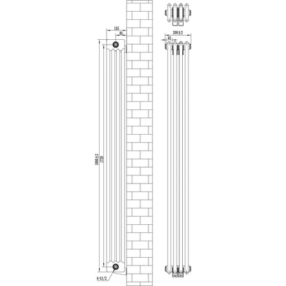 Traditional 4 Column Radiator & Valves - 1800 x 200mm - Black