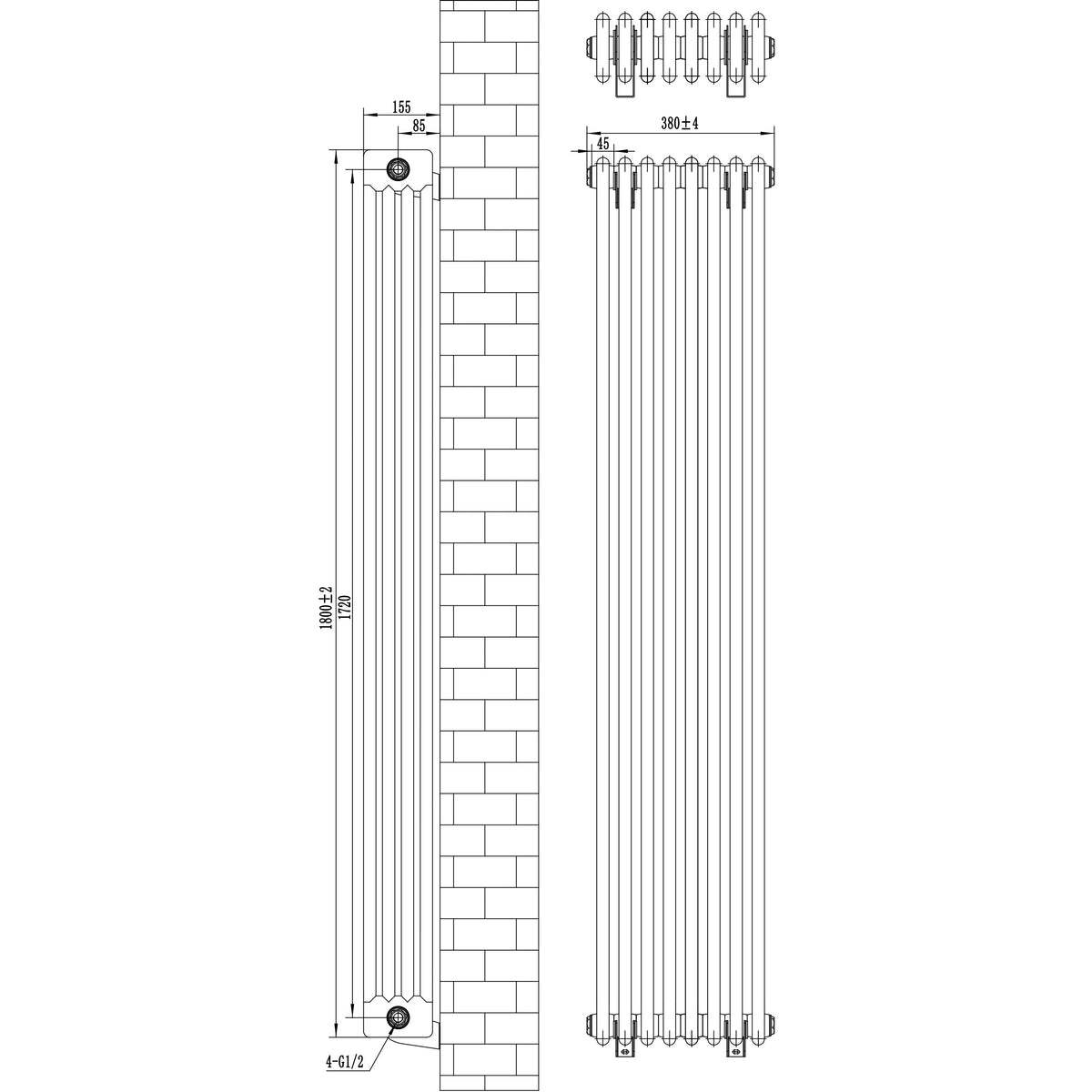 Traditional 4 Column Radiator & Valves - 1800 x 380mm - White