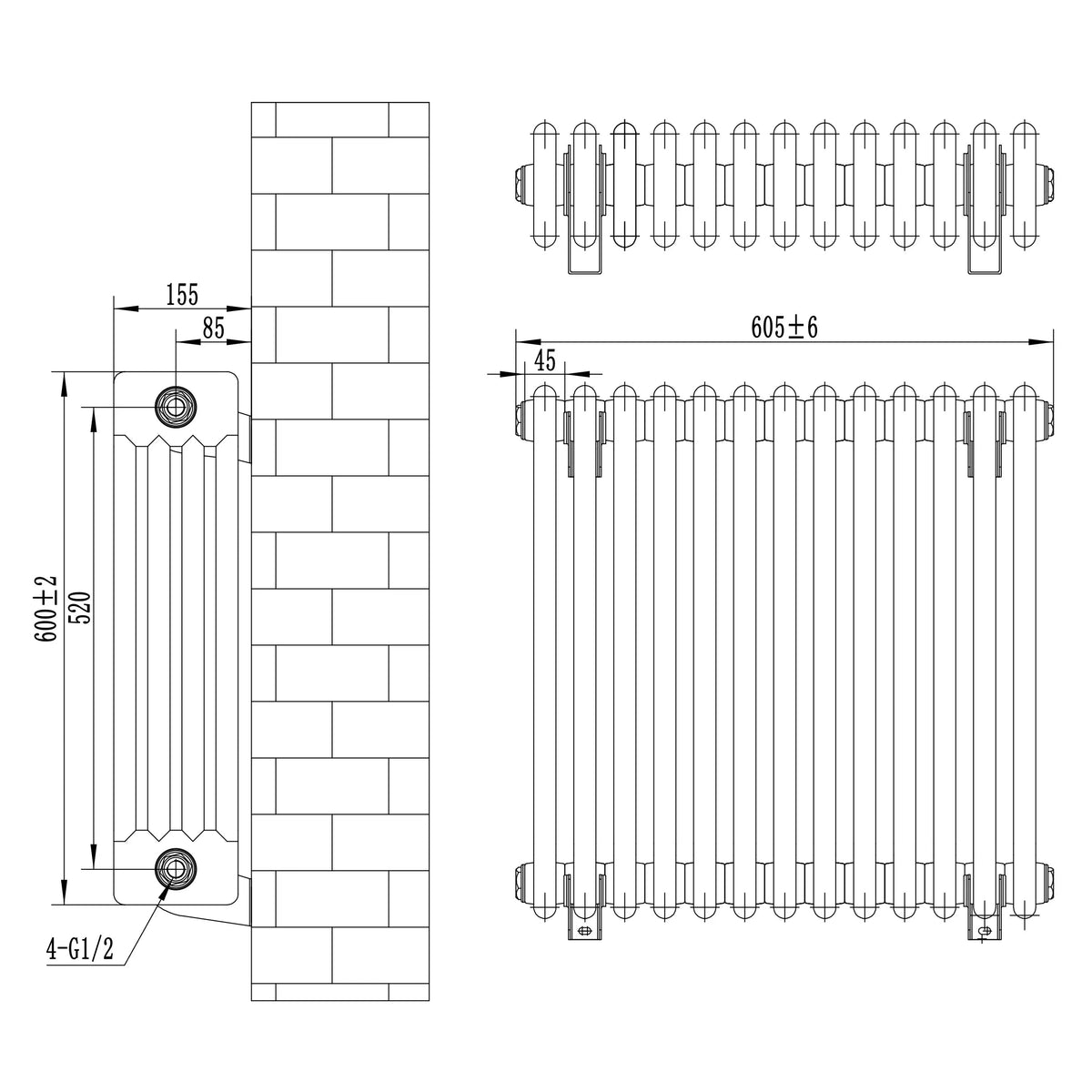 Traditional 4 Column Radiator - 600 x 605mm - White