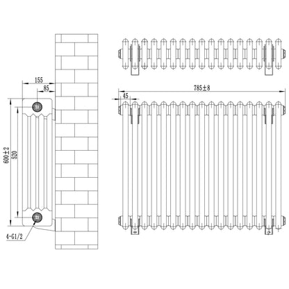 Traditional 4 Column Radiator - 600 x 785mm - Anthracite Grey