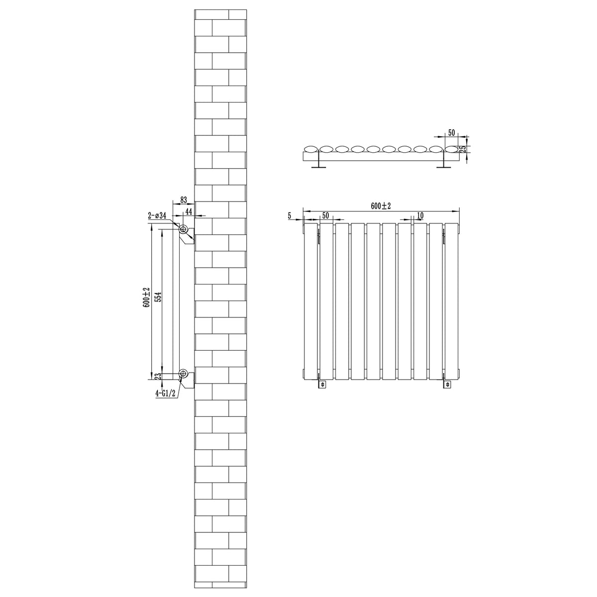 Oval Single Column Radiator - 600 x 600mm - Black
