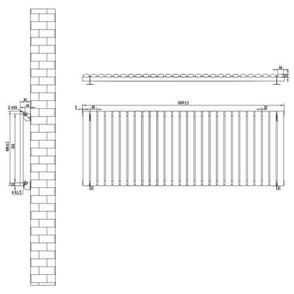 Oval Single Column Radiator - 600 x 1620mm - Black