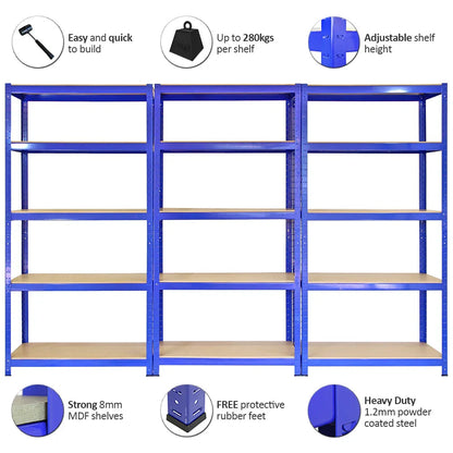 3 x Monster Racking T-Rax Metal Storage Shelves, Blue, 90cm W, 45cm D - 144088
