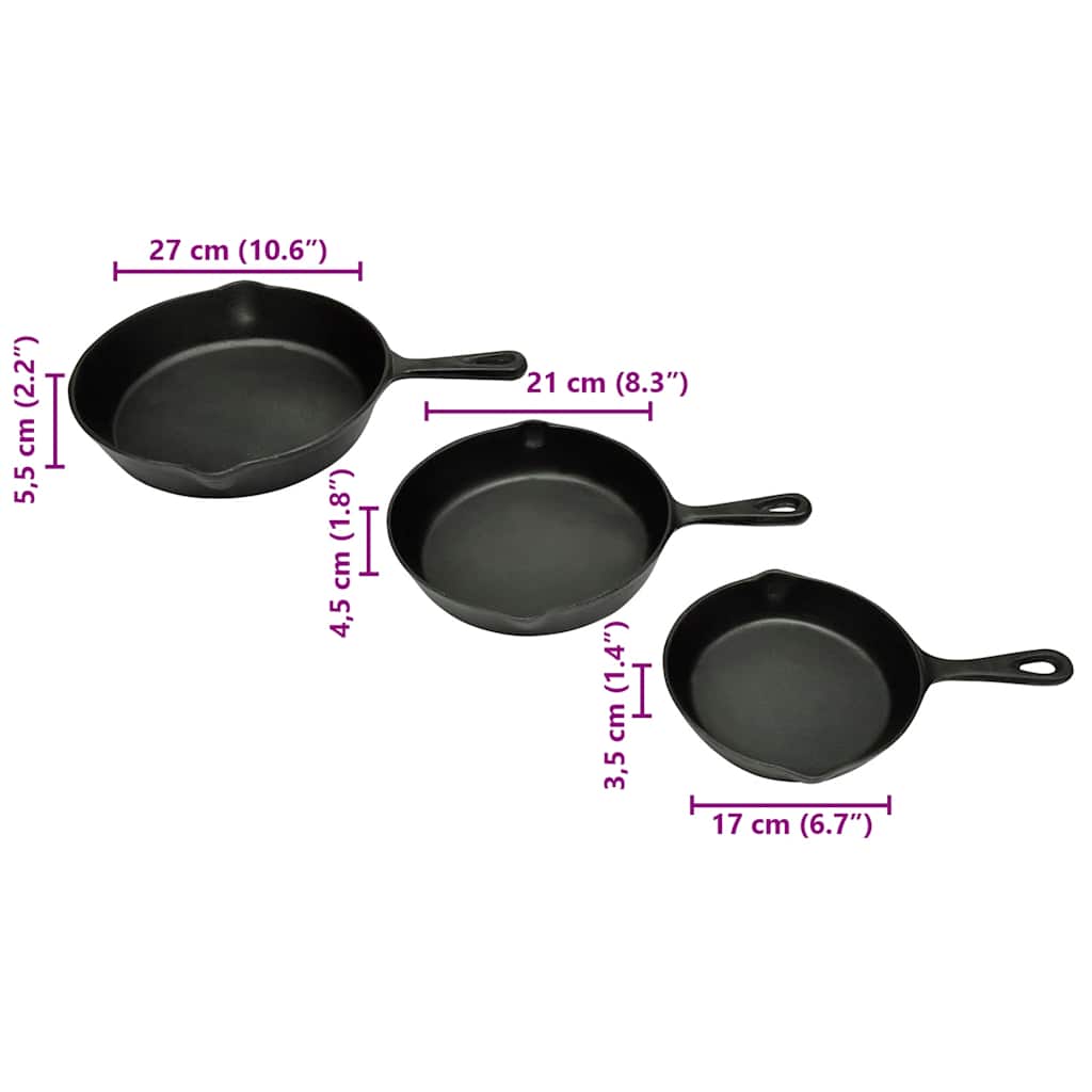 50122 vidaXL Set of 3 BBQ Steak Pans Cast Iron - Black - 27 x 27 x 5.5 cm