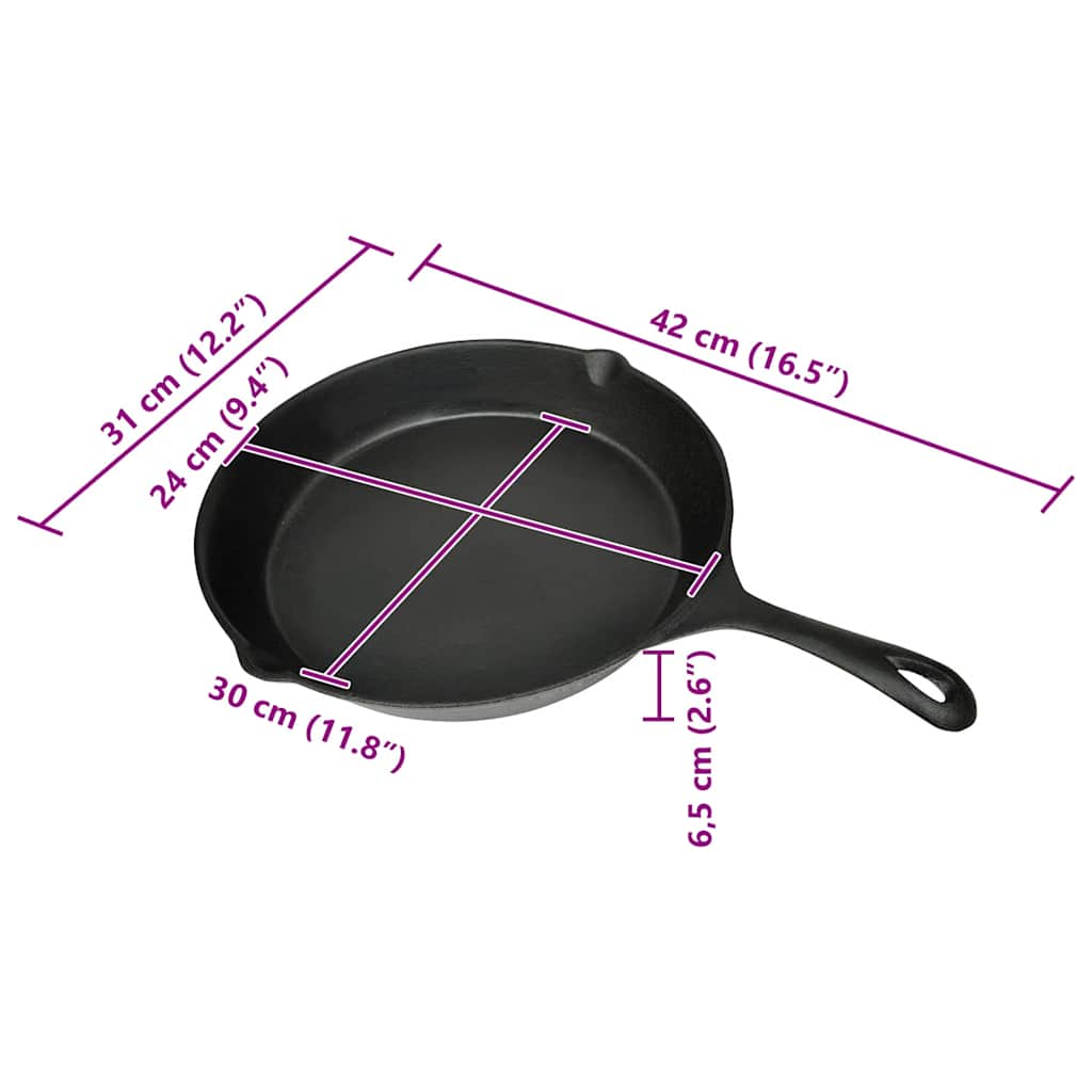 50124 vidaXL Grill Fry Pan Cast Iron 30 cm Round - Black - 42 x 31 x 6.5 cm