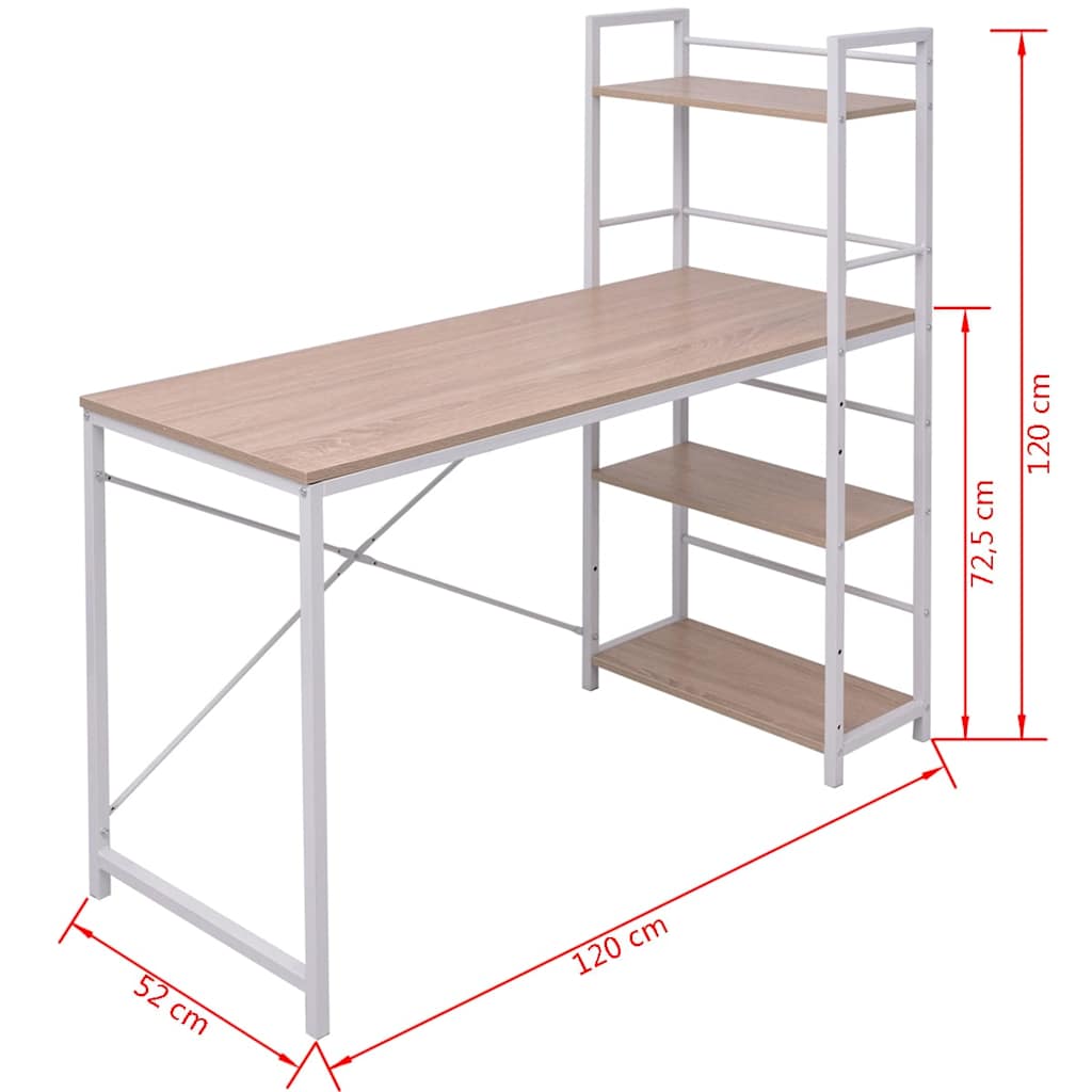 vidaXL Desk with 4-Tier Bookcase Oak - Brown - 120 x 52 x 120 cm