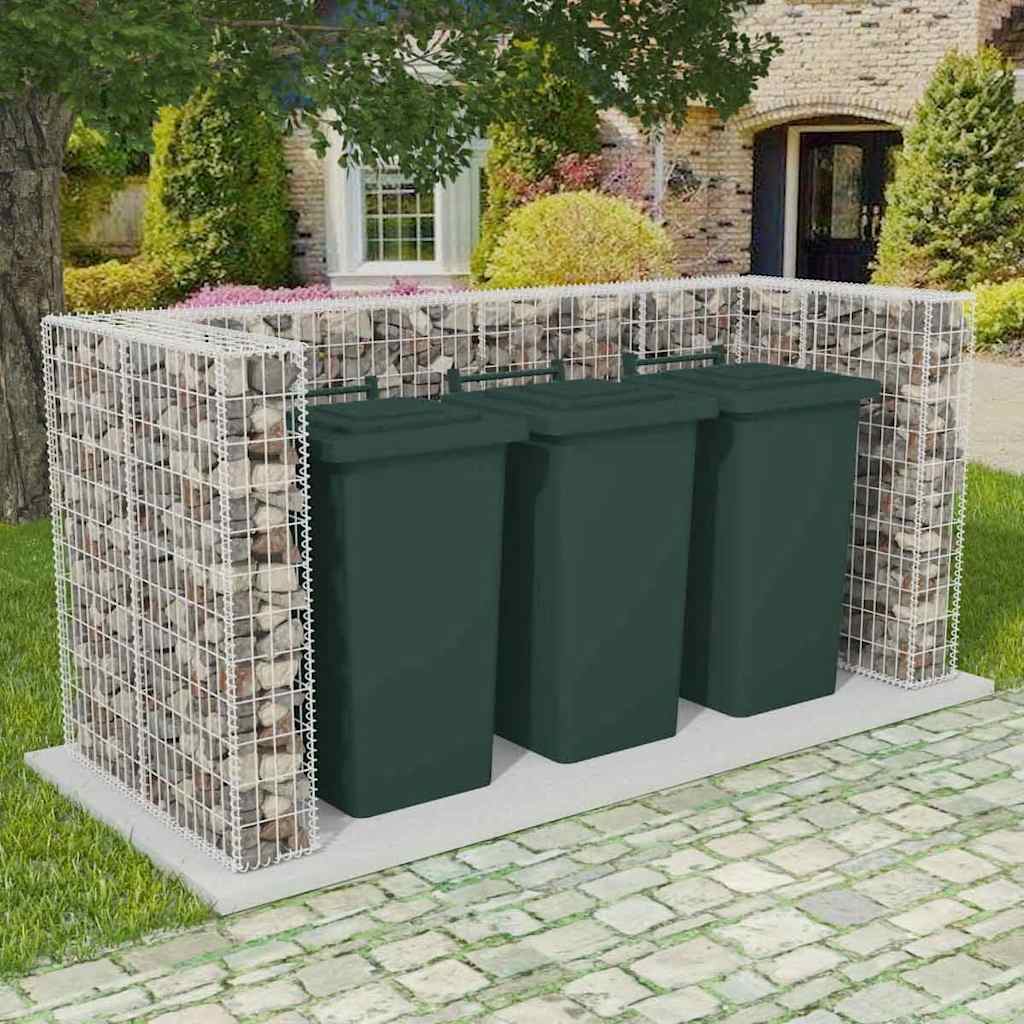 vidaXL Gabion Triple Wheelie Bin Surround Steel 250x100x120 cm - Silver
