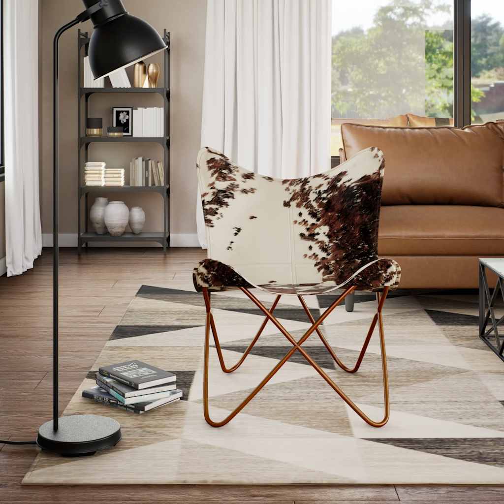 vidaXL Butterfly Chair Brown and White Real Cowhide Leather