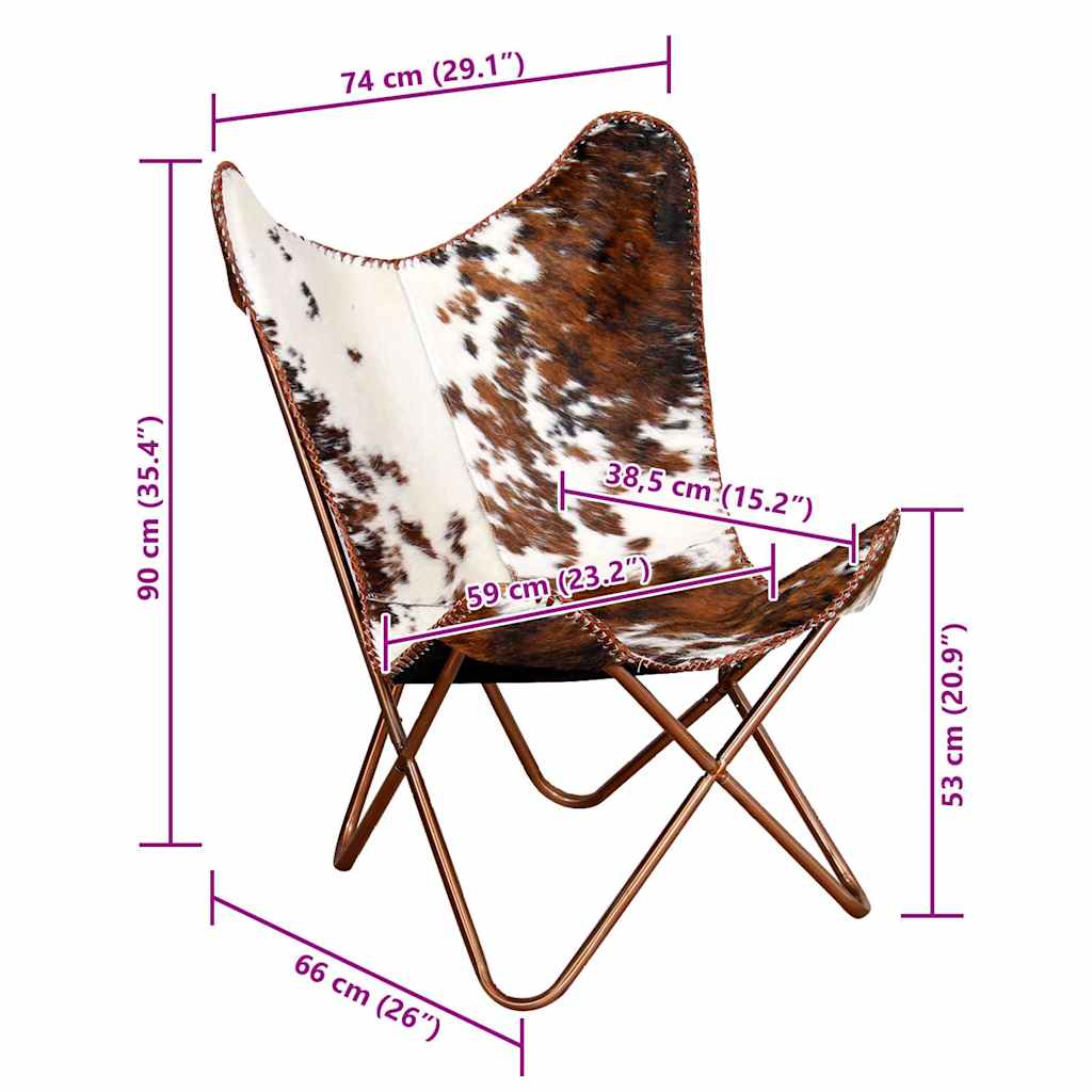 vidaXL Butterfly Chair Brown and White Real Cowhide Leather