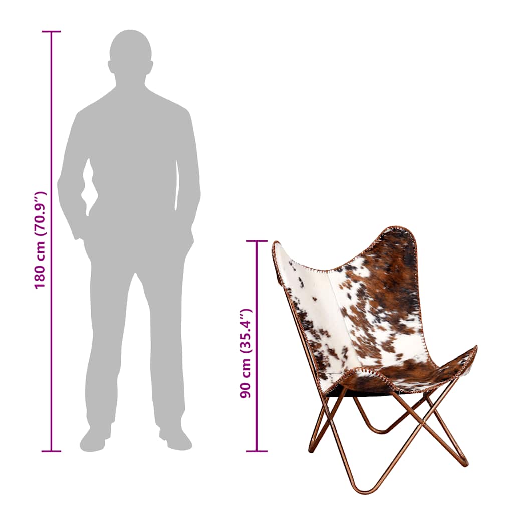 vidaXL Butterfly Chair Brown and White Real Cowhide Leather