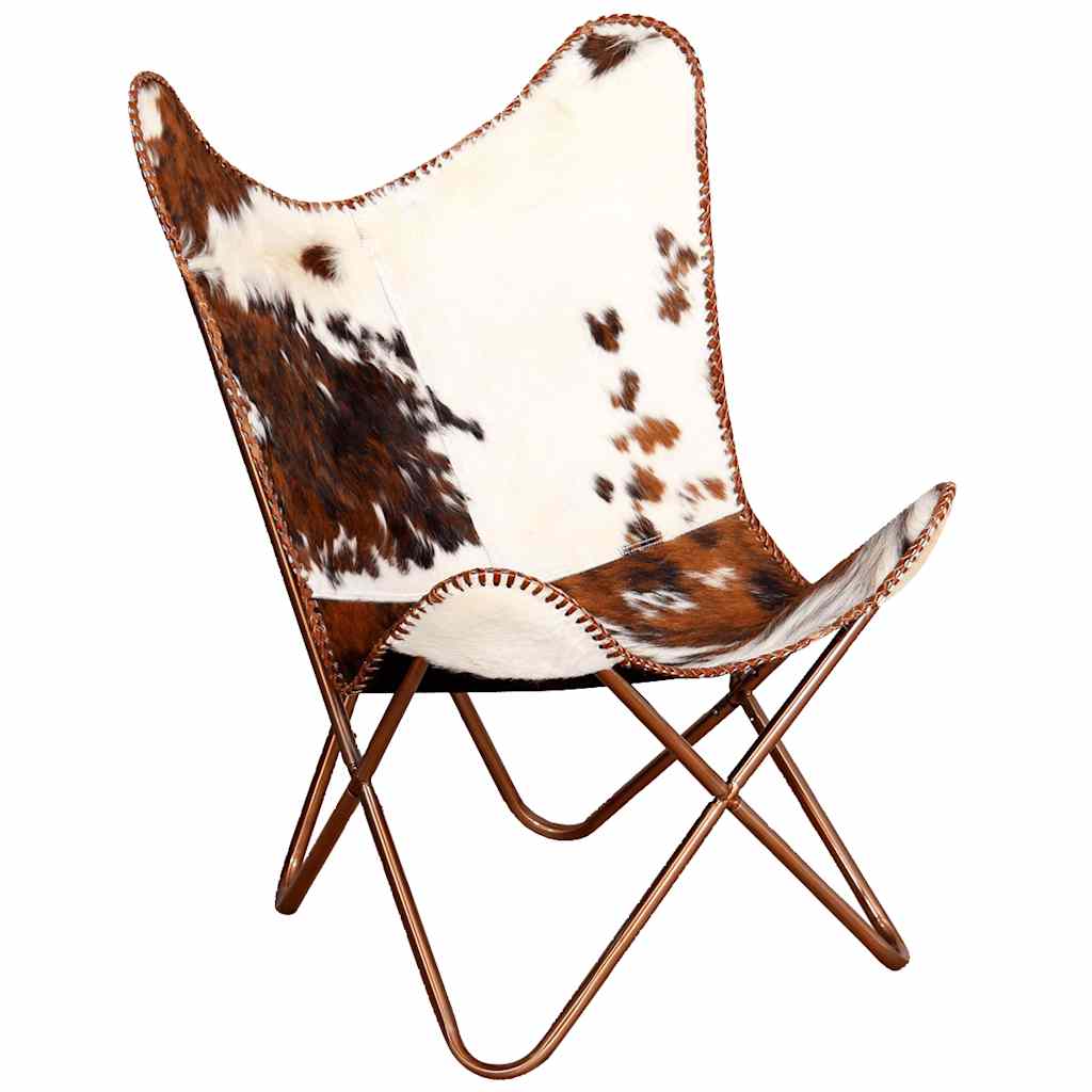 vidaXL Butterfly Chair Brown and White Real Cowhide Leather