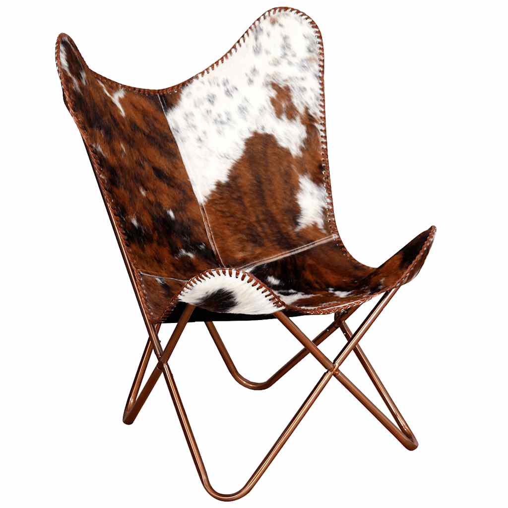 vidaXL Butterfly Chair Brown and White Real Cowhide Leather