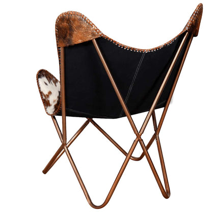 vidaXL Butterfly Chair Brown and White Real Cowhide Leather
