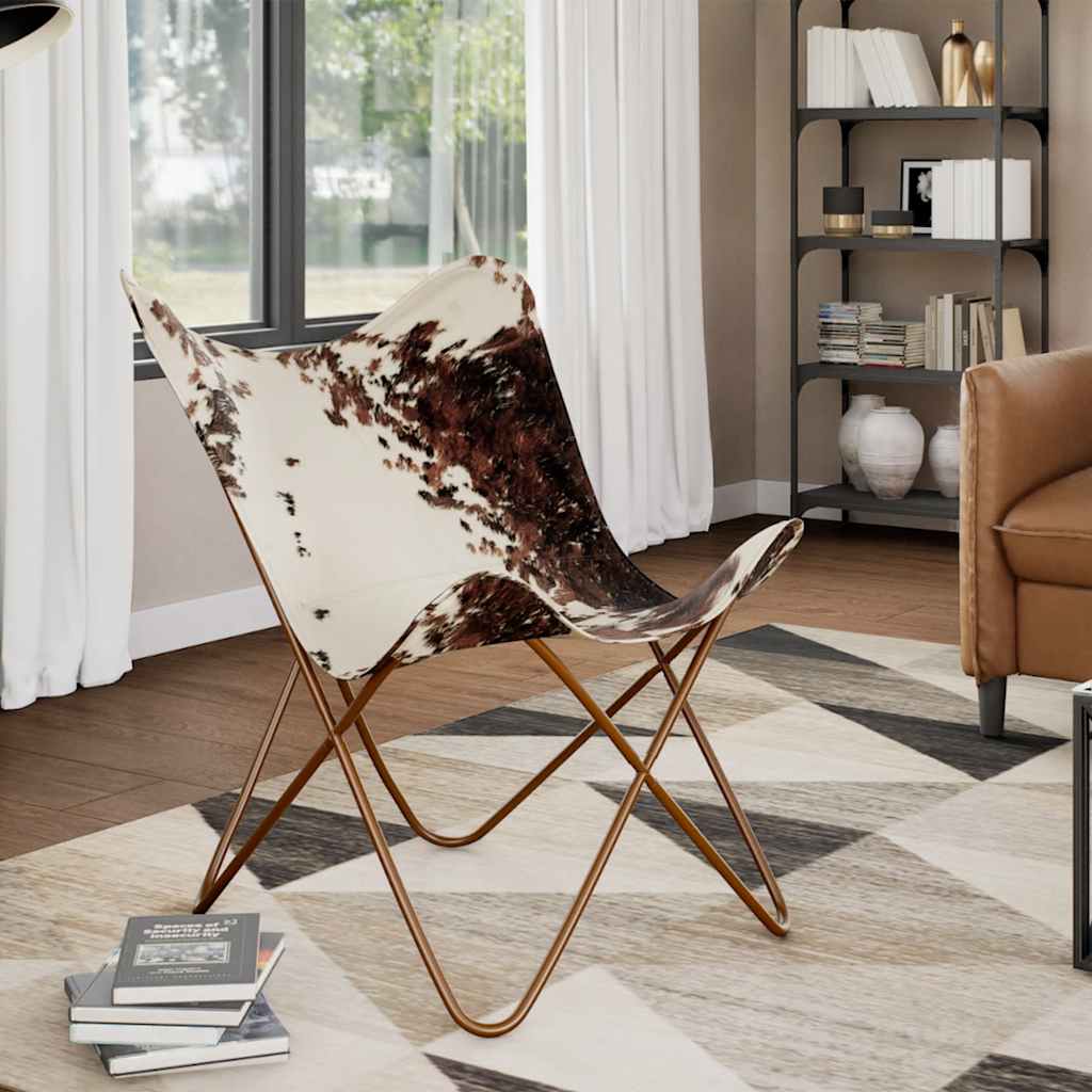 vidaXL Butterfly Chair Brown and White Real Cowhide Leather
