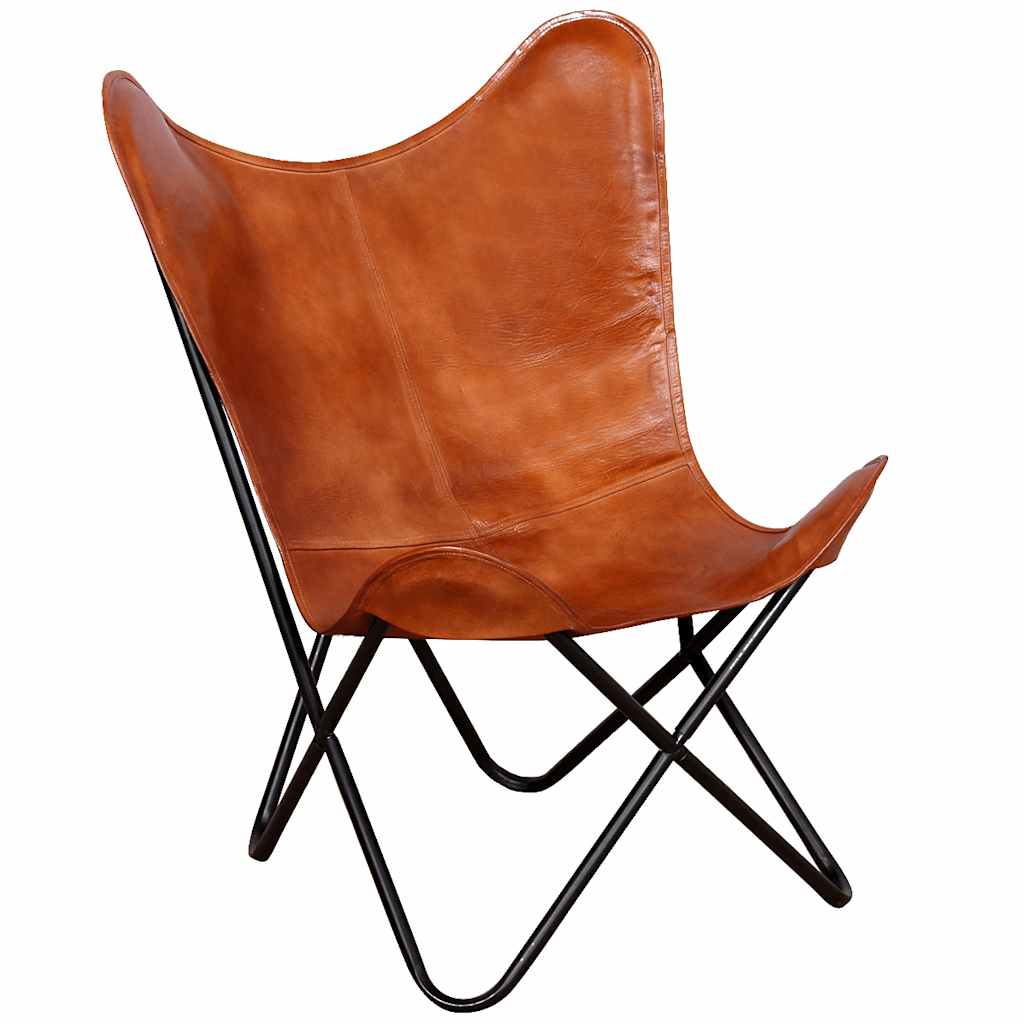 vidaXL Butterfly Chair Brown Real Leather - 74 x 66 x 90 cm