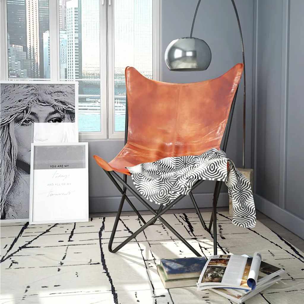 vidaXL Butterfly Chair Brown Real Leather - 74 x 66 x 90 cm