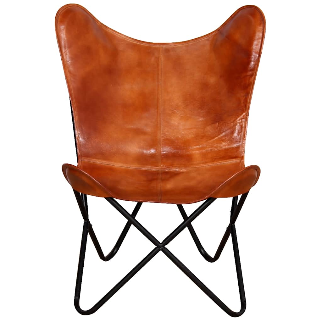 vidaXL Butterfly Chair Brown Real Leather - 74 x 66 x 90 cm