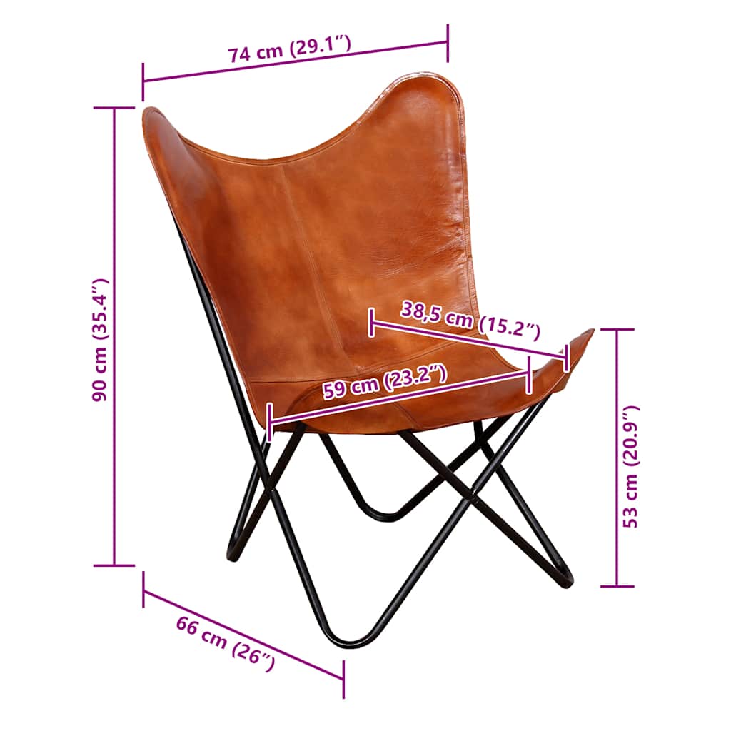 vidaXL Butterfly Chair Brown Real Leather - 74 x 66 x 90 cm