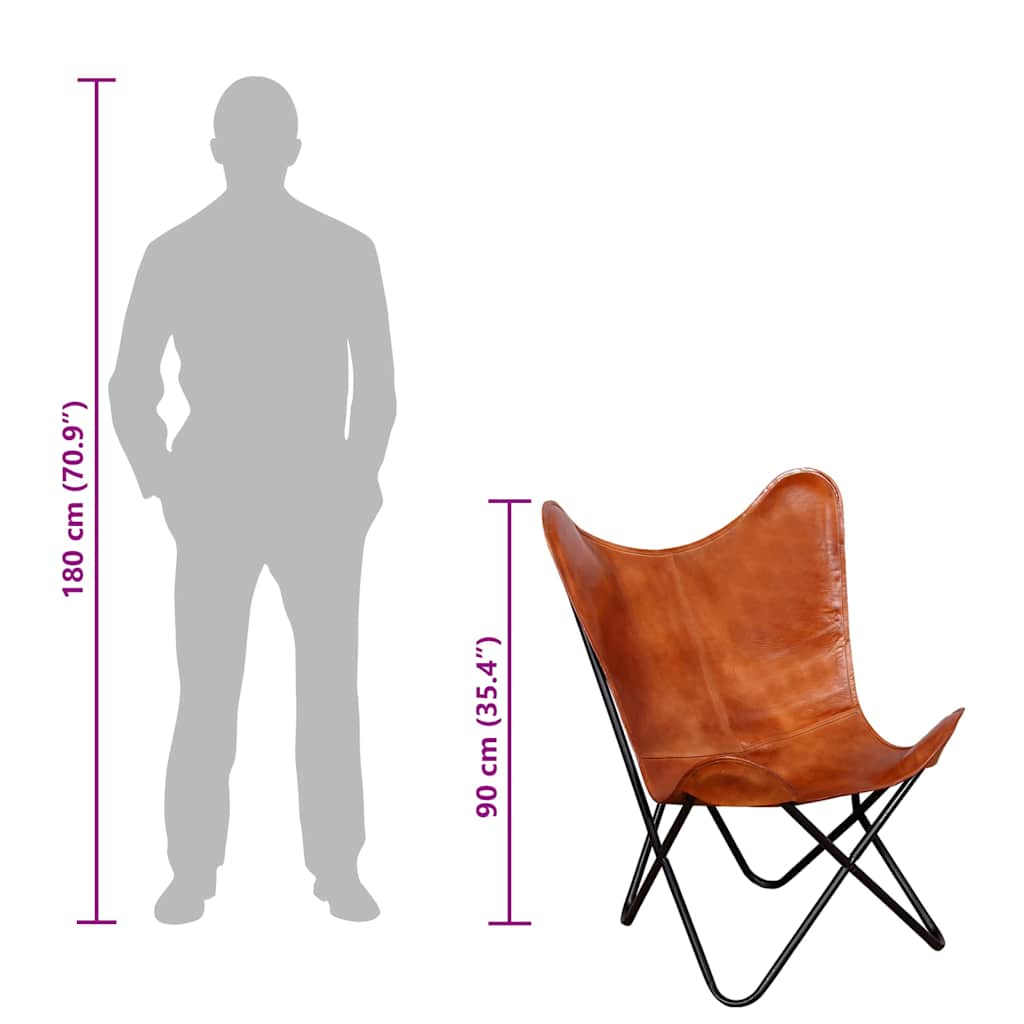 vidaXL Butterfly Chair Brown Real Leather - 74 x 66 x 90 cm