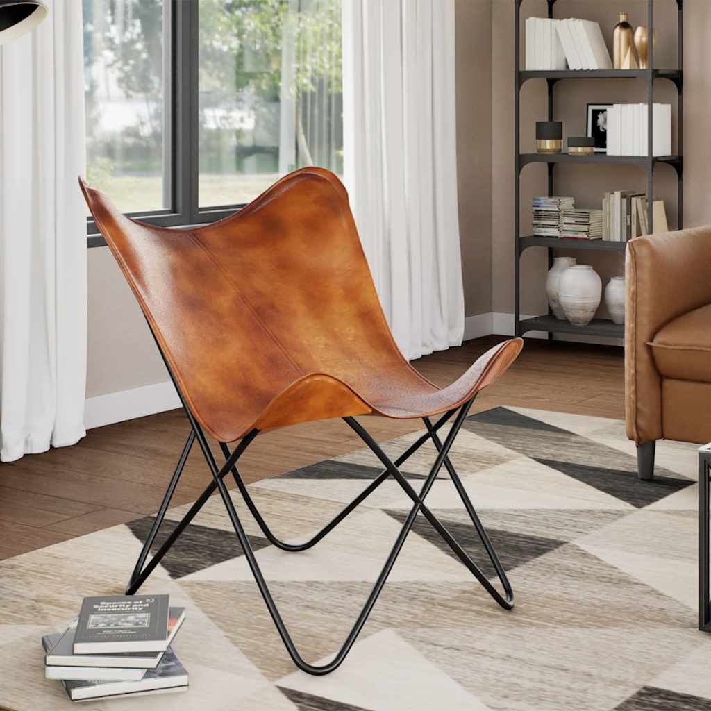 vidaXL Butterfly Chair Brown Real Leather - 74 x 66 x 90 cm