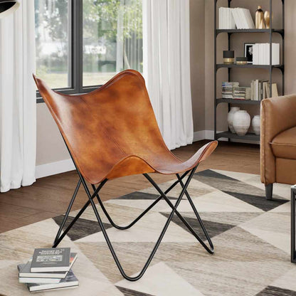vidaXL Butterfly Chair Brown Real Leather - 74 x 66 x 90 cm