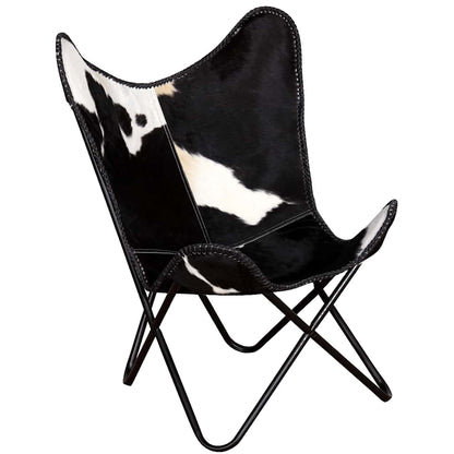 vidaXL Butterfly Chair Black and White Real Cowhide Leather - 74 x 66 x 90 cm