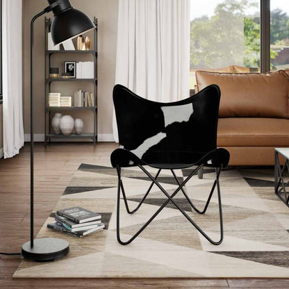vidaXL Butterfly Chair Black and White Real Cowhide Leather - 74 x 66 x 90 cm