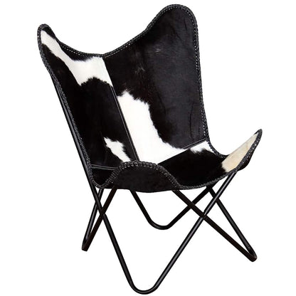 vidaXL Butterfly Chair Black and White Real Cowhide Leather - 74 x 66 x 90 cm