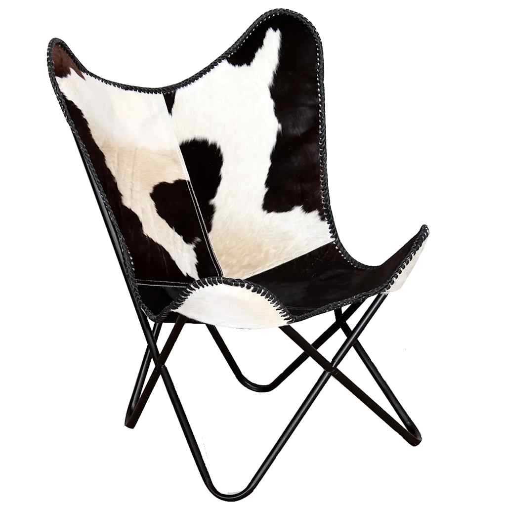 vidaXL Butterfly Chair Black and White Real Cowhide Leather - 74 x 66 x 90 cm