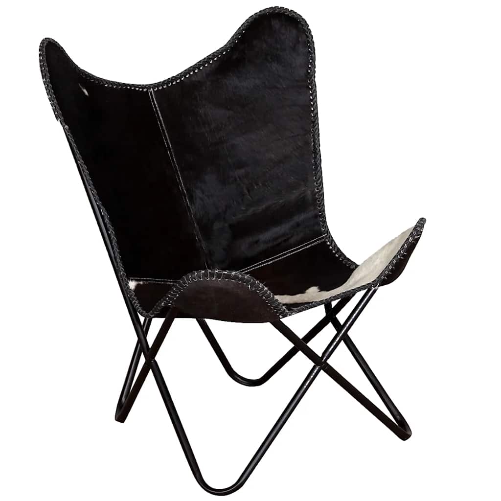 vidaXL Butterfly Chair Black and White Real Cowhide Leather - 74 x 66 x 90 cm