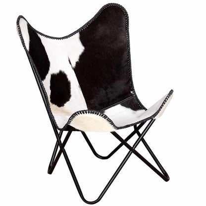 vidaXL Butterfly Chair Black and White Real Cowhide Leather - 74 x 66 x 90 cm