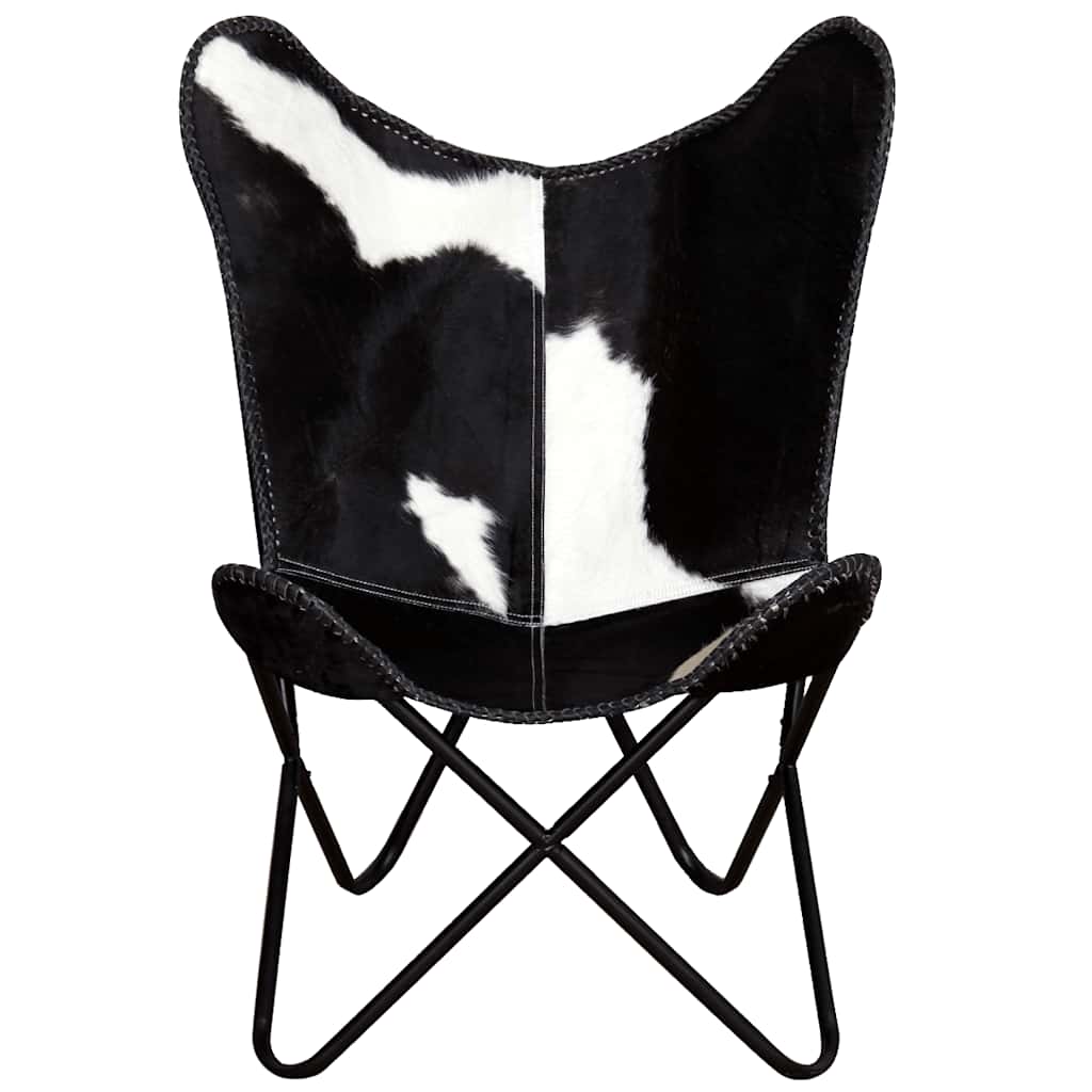 vidaXL Butterfly Chair Black and White Real Cowhide Leather - 74 x 66 x 90 cm