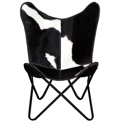 vidaXL Butterfly Chair Black and White Real Cowhide Leather - 74 x 66 x 90 cm