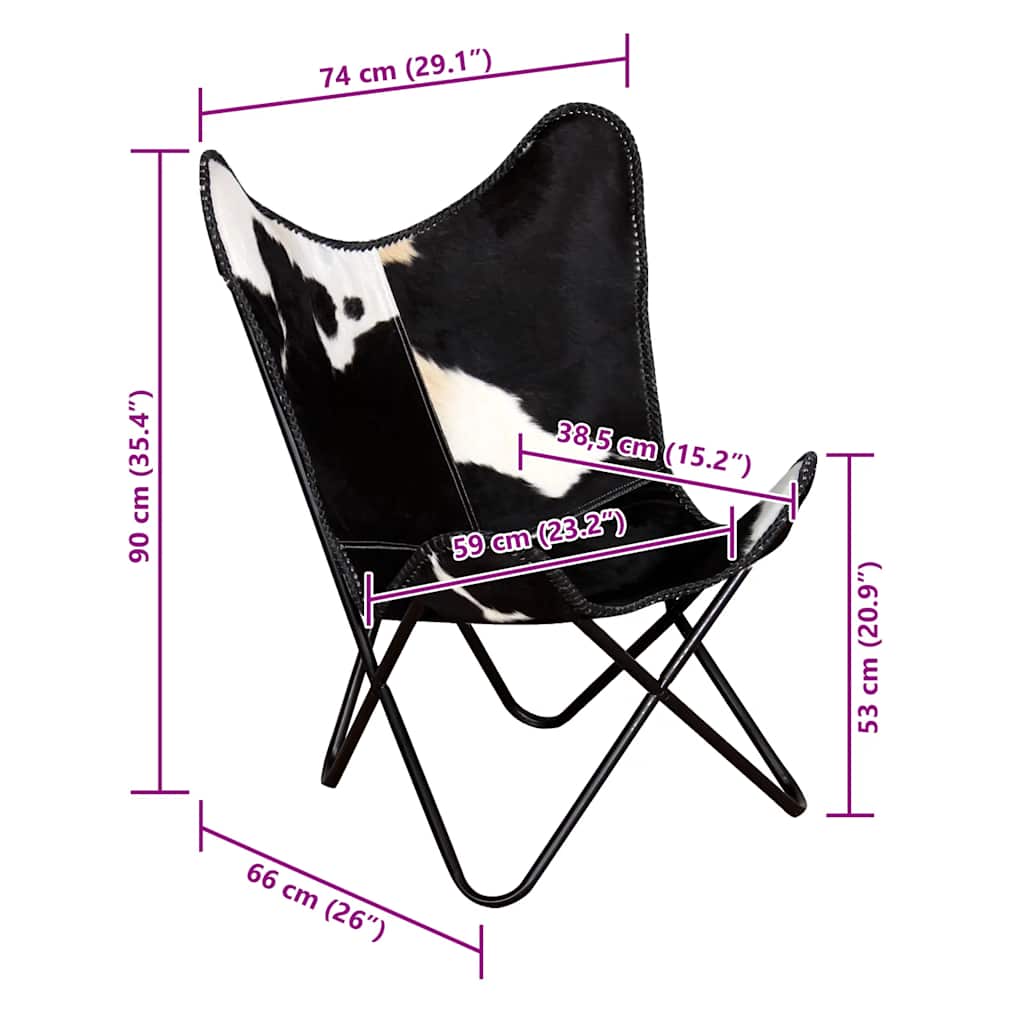 vidaXL Butterfly Chair Black and White Real Cowhide Leather - 74 x 66 x 90 cm