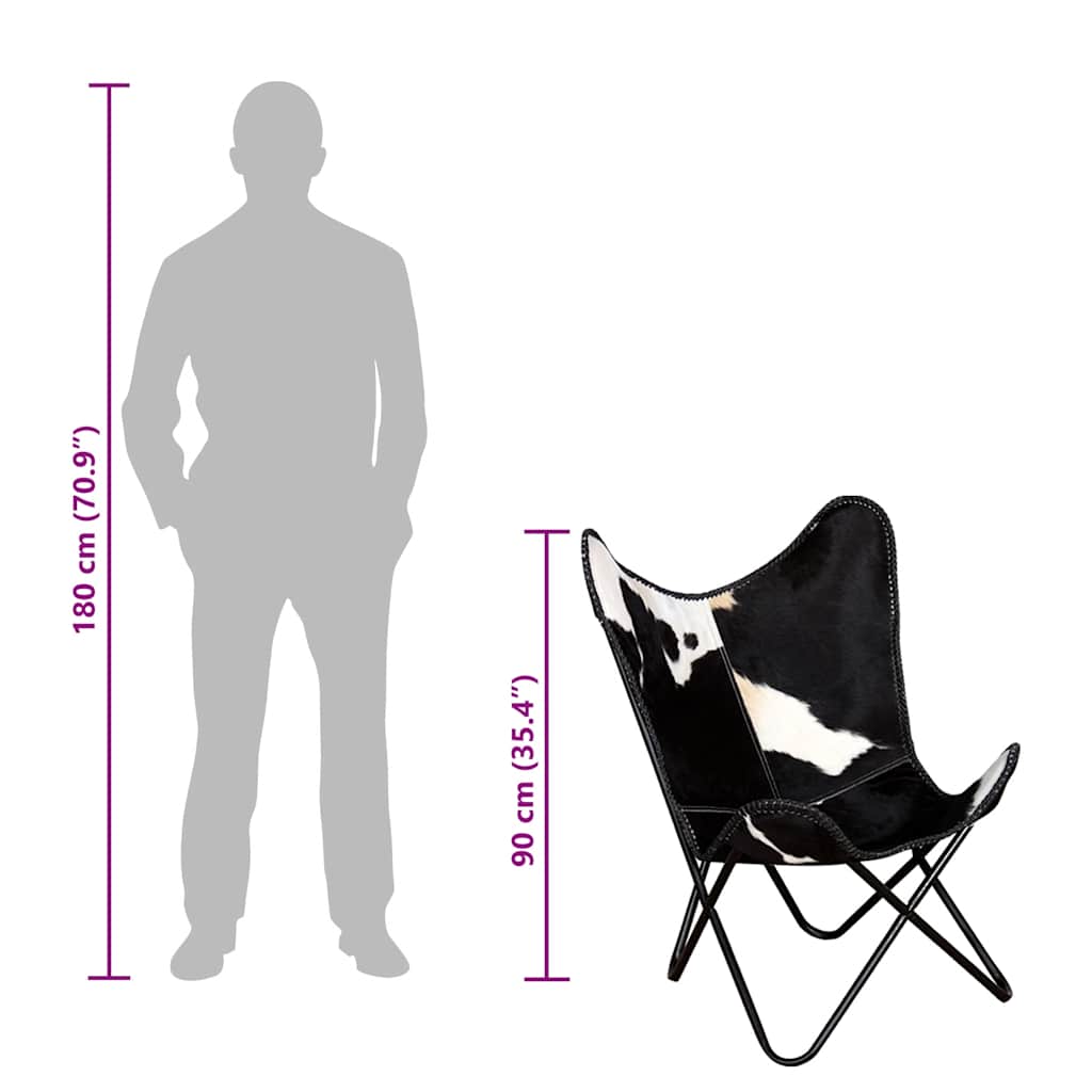 vidaXL Butterfly Chair Black and White Real Cowhide Leather - 74 x 66 x 90 cm