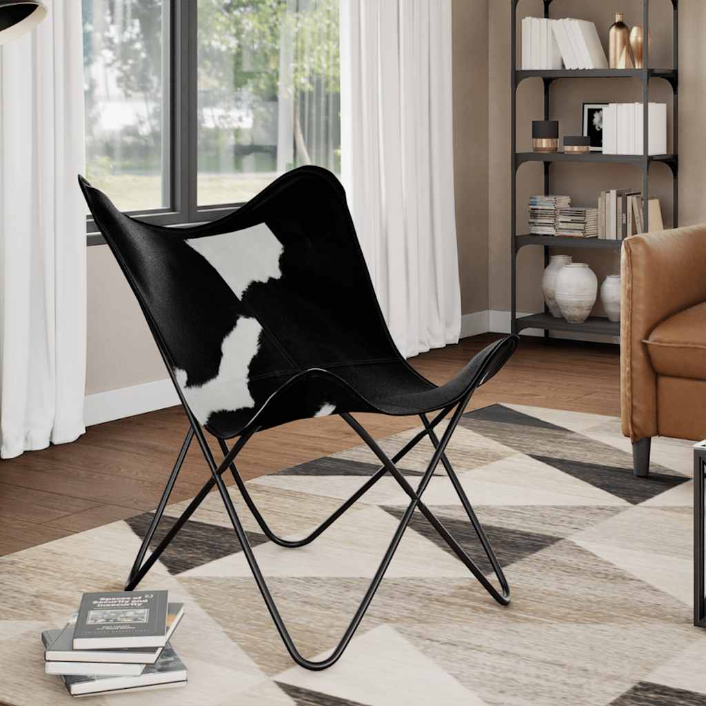 vidaXL Butterfly Chair Black and White Real Cowhide Leather - 74 x 66 x 90 cm
