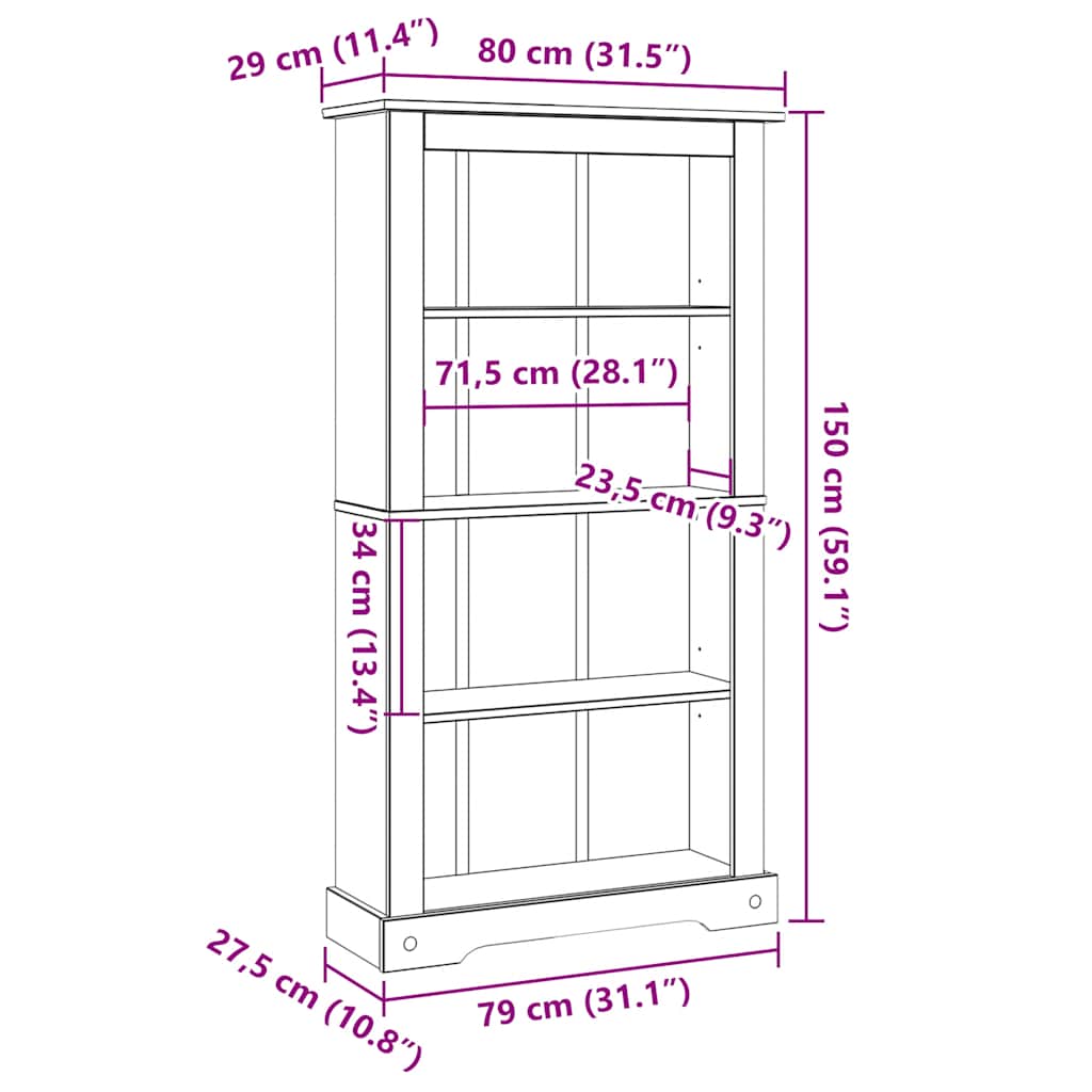 vidaXL 4-Tier Bookcase Mexican Pine Corona Range 80x29x150 cm - Brown