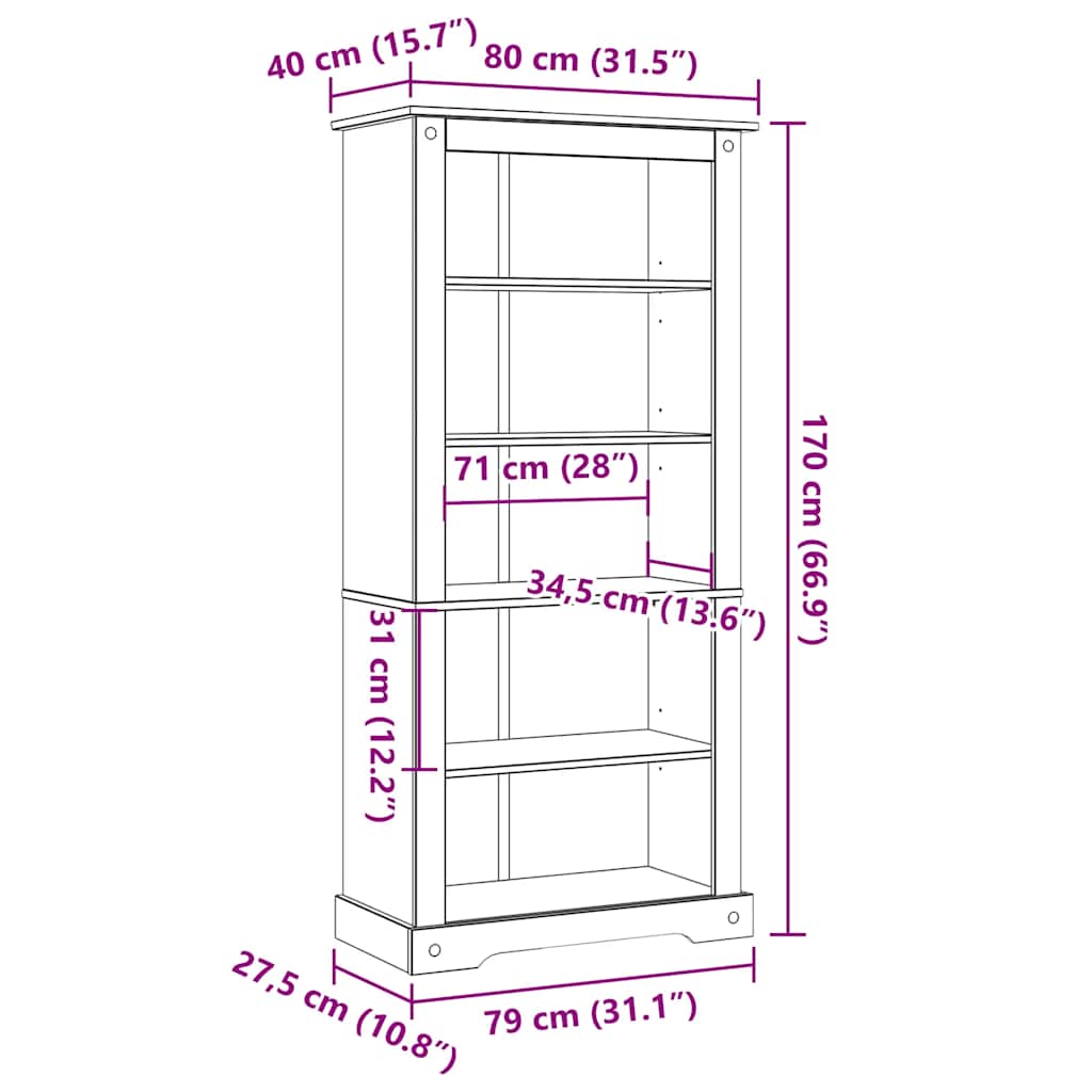 vidaXL 5-Tier Bookcase Mexican Pine Corona Range 80x40x170 cm - Brown