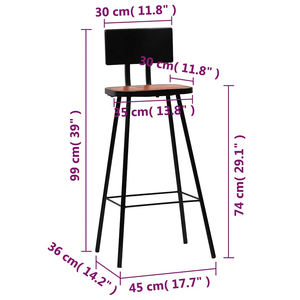 vidaXL Bar Stools 2 pcs Solid Reclaimed Wood - Brown - 45 x 36 x 99 cm - 68082